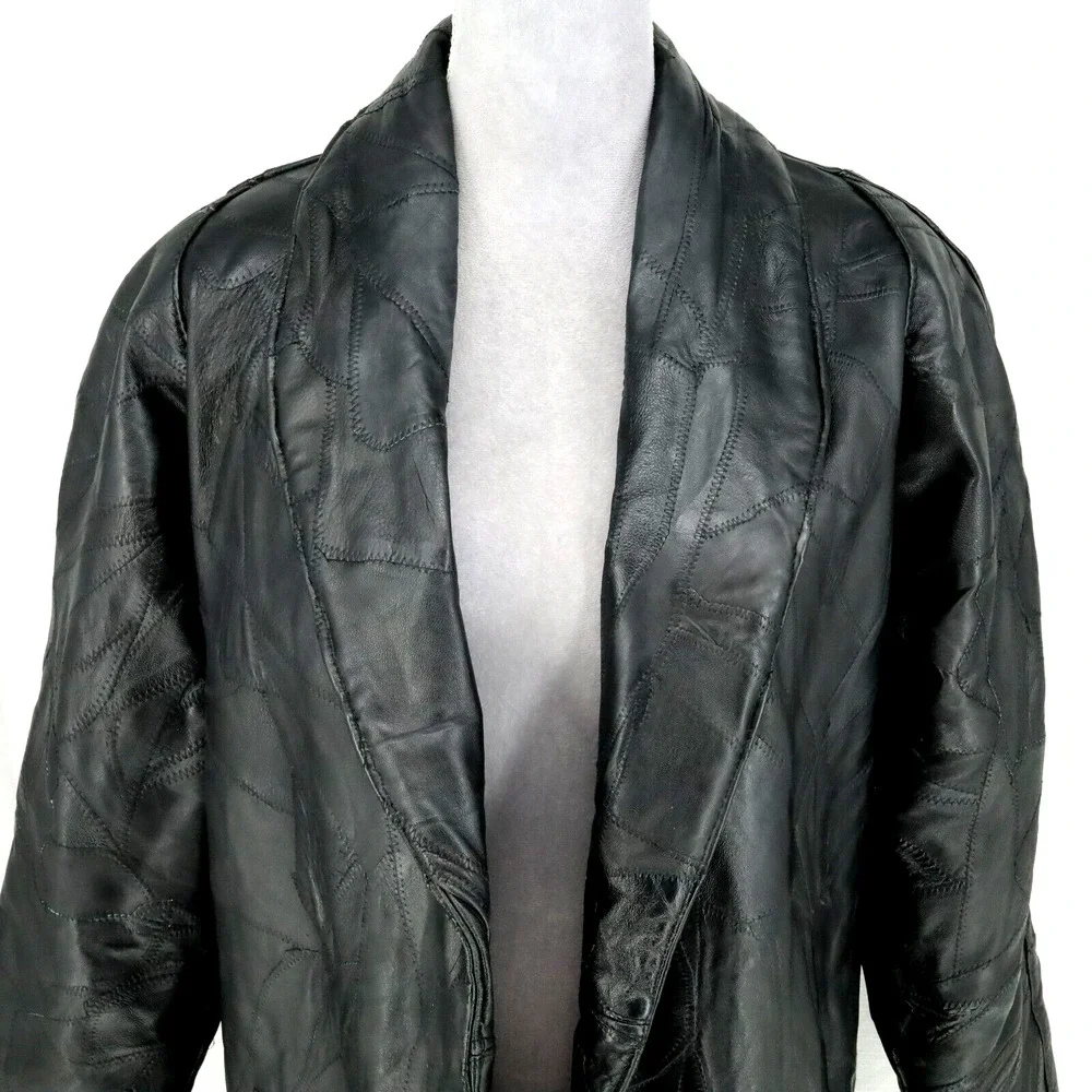 Navarre Leather Coat Jacket Womens Medium Black Lined Patchwork Look Outdoor